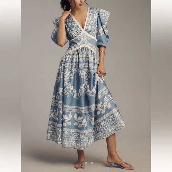 FARM Rio x Anthropologie Printed V- Neck Puff SleeveMaxi Dress - Picture 1 of 4